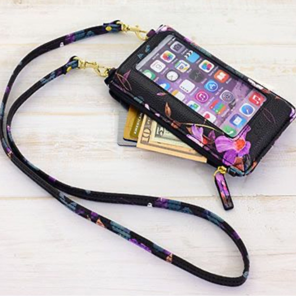 Buxton Black Floral Crossbody Wallet